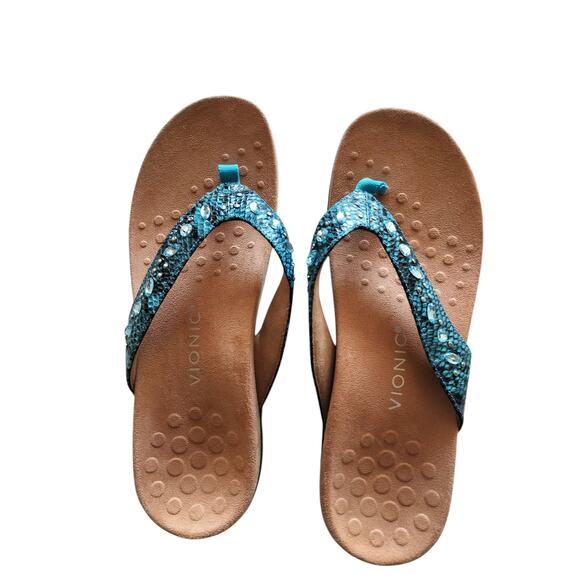 Vionic Women's Lucia Thong Sandals Aqua Snake Print With Rhinestone Size 11 - Picture 2 of 9